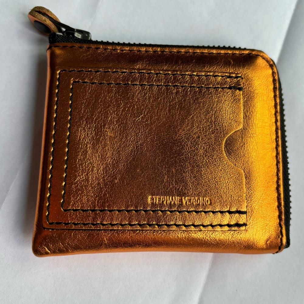 Stephane Verdino leather mini zip wallet metallic copper penny orange